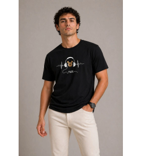 Erkek Müzik Temalı Baskılı Tişört Bisiklet Yaka Kısa Kol T-Shirt - Siyah