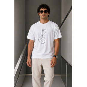 Erkek Minimal Gitar Baskılı Tişört T-Shirt Yazlık Kısa Kol Bisiklet Yaka T-Shirt - Beyaz