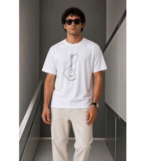 Erkek Minimal Gitar Baskılı Tişört T-Shirt Yazlık Kısa Kol Bisiklet Yaka T-Shirt - Beyaz