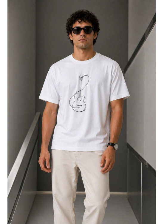 Erkek Minimal Gitar Baskılı Tişört T-Shirt Yazlık Kısa Kol Bisiklet Yaka T-Shirt - Beyaz