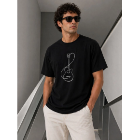 Erkek Minimal Gitar Baskılı Tişört T-Shirt Yazlık Kısa Kol Bisiklet Yaka T-Shirt - Siyah