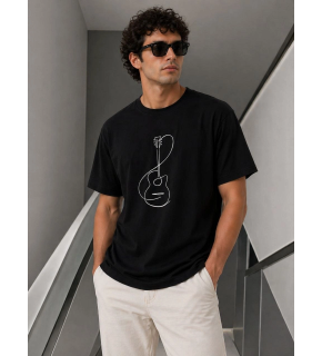 Erkek Minimal Gitar Baskılı Tişört T-Shirt Yazlık Kısa Kol Bisiklet Yaka T-Shirt - Siyah