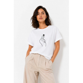 Kadın Kore Parmak Kalp Aşk Temalı Minimal Baskılı Tişört Yazlık Kısa Kol T-Shirt  - Beyaz