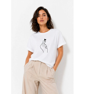 Kadın Kore Parmak Kalp Aşk Temalı Minimal Baskılı Tişört Yazlık Kısa Kol T-Shirt  - Beyaz