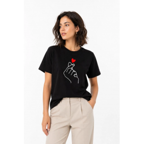 Kadın Kore Parmak Kalp Aşk Temalı Minimal Baskılı Tişört Yazlık Kısa Kol T-Shirt - Siyah