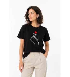 Kadın Kore Parmak Kalp Aşk Temalı Minimal Baskılı Tişört Yazlık Kısa Kol T-Shirt - Siyah