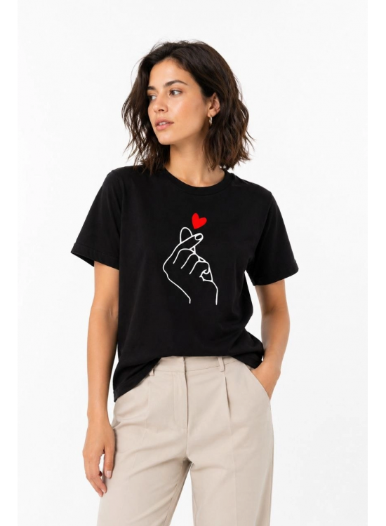 Kadın Kore Parmak Kalp Aşk Temalı Minimal Baskılı Tişört Yazlık Kısa Kol T-Shirt - Siyah Kadın Kore Parmak Kalp Aşk Temalı Minimal Baskılı Tişört Yazlık Kısa Kol T-Shirt - Siyah