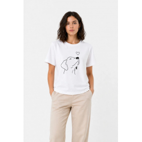 Kadın Köpek Figürlü Minimal Baskılı Tişört Kısa Kol Yazlık T-Shirt - Beyaz