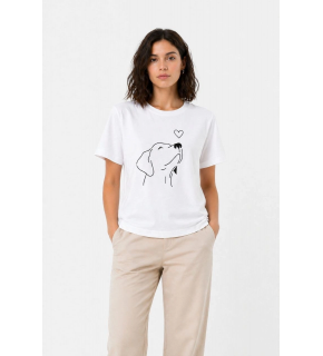 Kadın Köpek Figürlü Minimal Baskılı Tişört Kısa Kol Yazlık T-Shirt - Beyaz