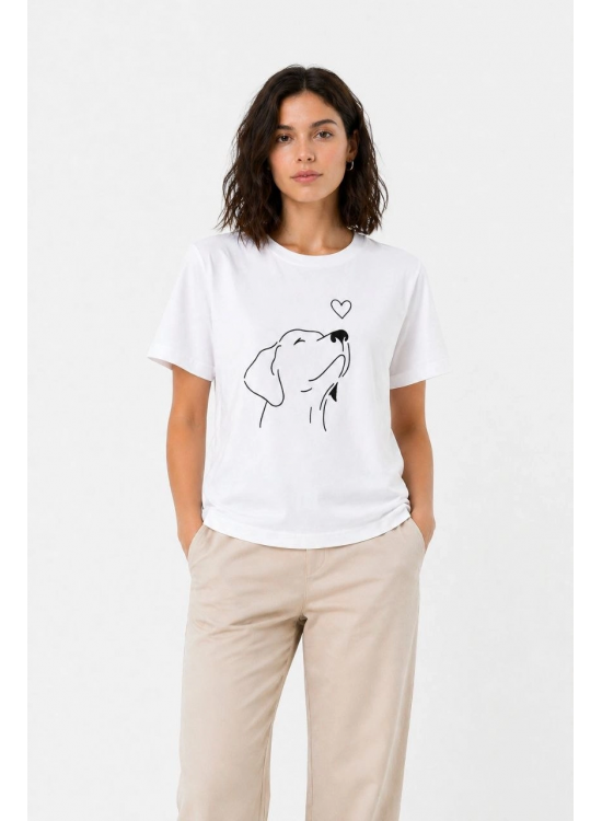 Kadın Köpek Figürlü Minimal Baskılı Tişört Kısa Kol Yazlık T-Shirt - Beyaz Kadın Köpek Figürlü Minimal Baskılı Tişört Kısa Kol Yazlık T-Shirt - Beyaz