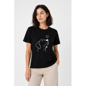 Kadın Köpek Figürlü Minimal Baskılı Tişört Kısa Kol Yazlık T-Shirt - Siyah