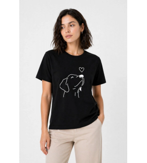 Kadın Köpek Figürlü Minimal Baskılı Tişört Kısa Kol Yazlık T-Shirt - Siyah