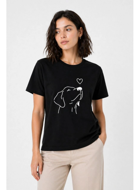 Kadın Köpek Figürlü Minimal Baskılı Tişört Kısa Kol Yazlık T-Shirt - Siyah Kadın Köpek Figürlü Minimal Baskılı Tişört Kısa Kol Yazlık T-Shirt - Siyah