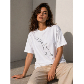 Kadın Minimal Kedi Çizim Baskılı Tişört Kısa Kol Yazlık T-Shirt - Beyaz