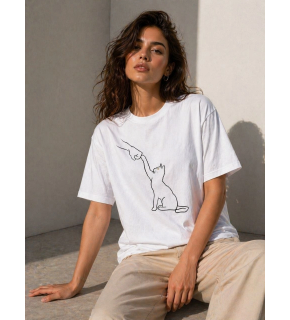 Kadın Minimal Kedi Çizim Baskılı Tişört Kısa Kol Yazlık T-Shirt - Beyaz