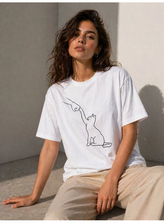 Kadın Minimal Kedi Çizim Baskılı Tişört Kısa Kol Yazlık T-Shirt - Beyaz Kadın Minimal Kedi Çizim Baskılı Tişört Kısa Kol Yazlık T-Shirt - Beyaz
