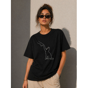 Kadın Minimal Kedi Çizim Baskılı Tişört Kısa Kol Yazlık T-Shirt - Siyah