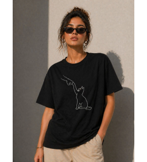 Kadın Minimal Kedi Çizim Baskılı Tişört Kısa Kol Yazlık T-Shirt - Siyah