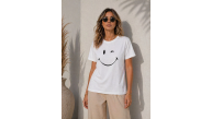 Kadın Minimal Gülümseyen Yüz Baskılı Tişört Kısa Kol Yazlık T-Shirt - Beyaz Kadın Minimal Gülümseyen Yüz Baskılı Tişört Kısa Kol Yazlık T-Shirt - Beyaz