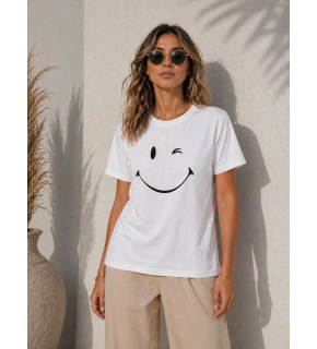 Kadın Minimal Gülümseyen Yüz Baskılı Tişört Kısa Kol Yazlık T-Shirt - Beyaz