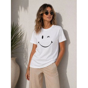 Kadın Minimal Gülümseyen Yüz Baskılı Tişört Kısa Kol Yazlık T-Shirt - Beyaz