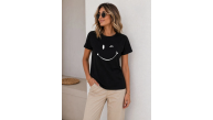 Kadın Minimal Gülümseyen Yüz Baskılı Tişört Kısa Kol Yazlık T-Shirt - Siyah Kadın Minimal Gülümseyen Yüz Baskılı Tişört Kısa Kol Yazlık T-Shirt - Siyah