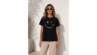 Kadın Minimal Gülümseyen Yüz Baskılı Tişört Kısa Kol Yazlık T-Shirt - Siyah Kadın Minimal Gülümseyen Yüz Baskılı Tişört Kısa Kol Yazlık T-Shirt - Siyah