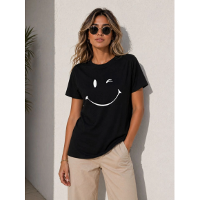 Kadın Minimal Gülümseyen Yüz Baskılı Tişört Kısa Kol Yazlık T-Shirt - Siyah