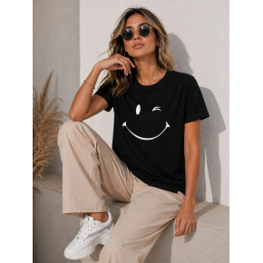 Kadın Minimal Gülümseyen Yüz Baskılı Tişört Kısa Kol Yazlık T-Shirt - Siyah