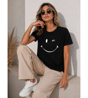 Kadın Minimal Gülümseyen Yüz Baskılı Tişört Kısa Kol Yazlık T-Shirt - Siyah