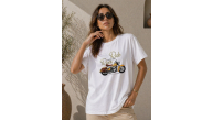 Kadın Motosiklet Baskılı Tişört Bisiklet Yaka Kısa Kol Yazlık T-Shirt - Beyaz Kadın Motosiklet Baskılı Tişört Bisiklet Yaka Kısa Kol Yazlık T-Shirt - Beyaz