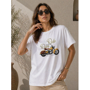 Kadın Motosiklet Baskılı Tişört Bisiklet Yaka Kısa Kol Yazlık T-Shirt - Beyaz