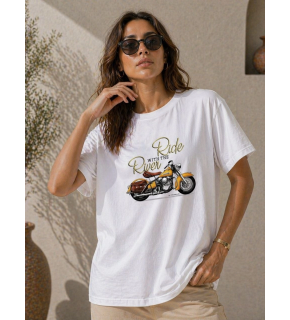 Kadın Motosiklet Baskılı Tişört Bisiklet Yaka Kısa Kol Yazlık T-Shirt - Beyaz