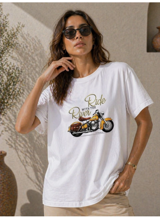 Kadın Motosiklet Baskılı Tişört Bisiklet Yaka Kısa Kol Yazlık T-Shirt - Beyaz Kadın Motosiklet Baskılı Tişört Bisiklet Yaka Kısa Kol Yazlık T-Shirt - Beyaz