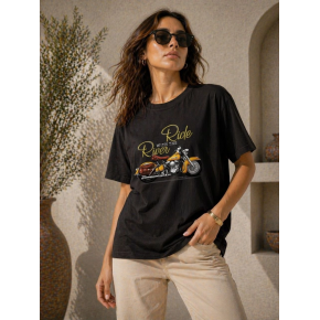 Kadın Motosiklet Baskılı Tişört Bisiklet Yaka Kısa Kol Yazlık T-Shirt - Siyah