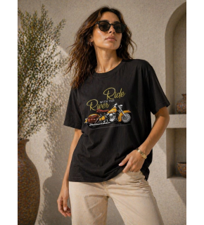 Kadın Motosiklet Baskılı Tişört Bisiklet Yaka Kısa Kol Yazlık T-Shirt - Siyah