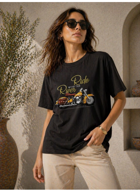Kadın Motosiklet Baskılı Tişört Bisiklet Yaka Kısa Kol Yazlık T-Shirt - Siyah Kadın Motosiklet Baskılı Tişört Bisiklet Yaka Kısa Kol Yazlık T-Shirt - Siyah
