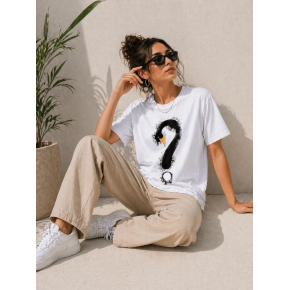 Kadın Kuğu Figürlü Soru İşareti Baskılı Tişört Kısa Kol T-Shirt - Beyaz