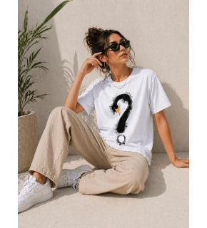 Kadın Kuğu Figürlü Soru İşareti Baskılı Tişört Kısa Kol T-Shirt - Beyaz