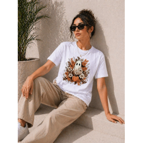 Kadın Balkabağı Hayalet Baskılı Tişört Kısa Kol Yazlık T-Shirt - Beyaz