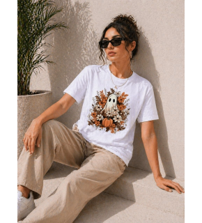 Kadın Balkabağı Hayalet Baskılı Tişört Kısa Kol Yazlık T-Shirt - Beyaz