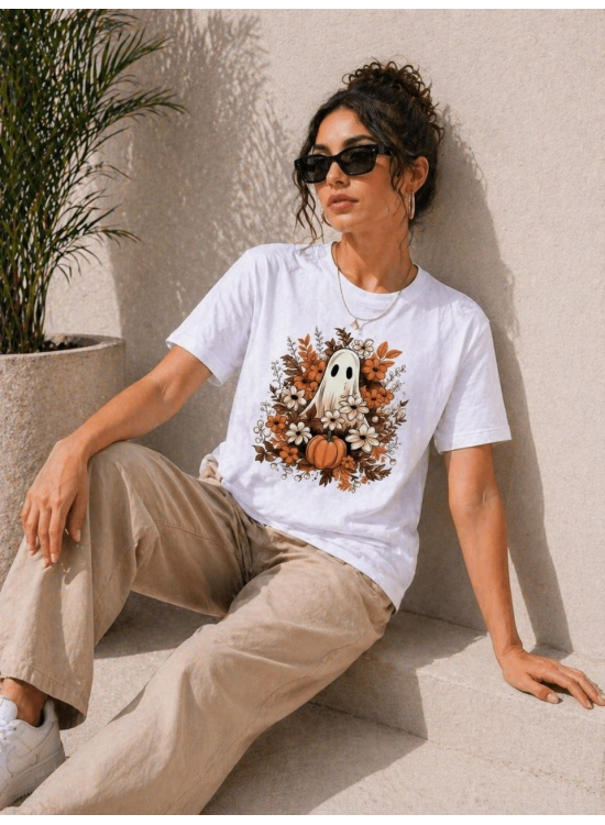 Kadın Balkabağı Hayalet Baskılı Tişört Kısa Kol Yazlık T-Shirt - Beyaz Kadın Balkabağı Hayalet Baskılı Tişört Kısa Kol Yazlık T-Shirt - Beyaz