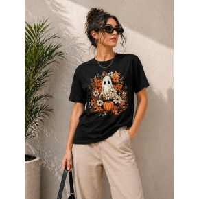 Kadın Balkabağı Hayalet Baskılı Tişört Kısa Kol Yazlık T-Shirt - Siyah