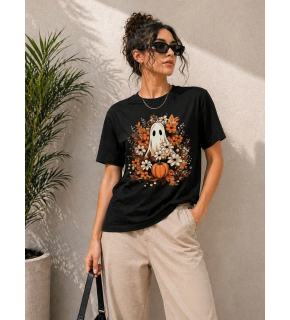 Kadın Balkabağı Hayalet Baskılı Tişört Kısa Kol Yazlık T-Shirt - Siyah