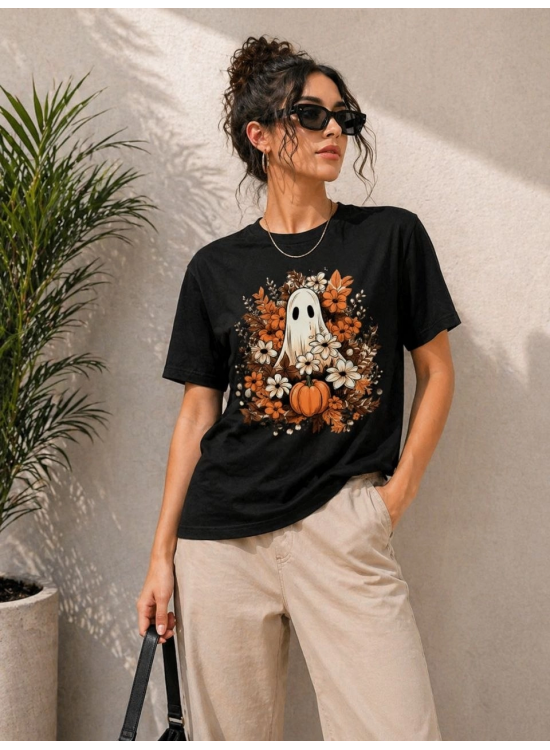 Kadın Balkabağı Hayalet Baskılı Tişört Kısa Kol Yazlık T-Shirt - Siyah Kadın Balkabağı Hayalet Baskılı Tişört Kısa Kol Yazlık T-Shirt - Siyah