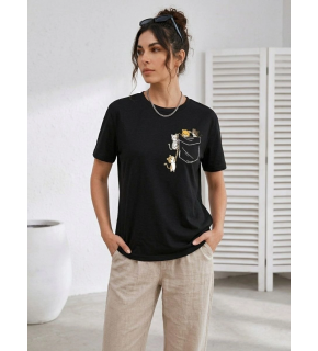 Kadın Sevimli Kedi Cep Baskılı Tişört Kısa Kol Yazlık T-Shirt - Siyah