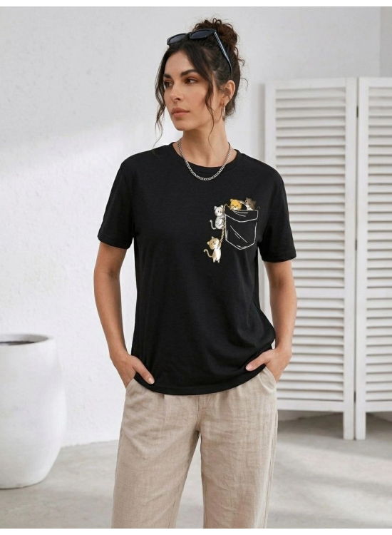 Kadın Sevimli Kedi Cep Baskılı Tişört Kısa Kol Yazlık T-Shirt - Siyah Kadın Sevimli Kedi Cep Baskılı Tişört Kısa Kol Yazlık T-Shirt - Siyah