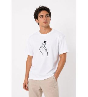 Erkek Kore Parmak Kalp Aşk Temalı Minimal Baskılı Tişört Yazlık Kısa Kol T-Shirt - Beyaz