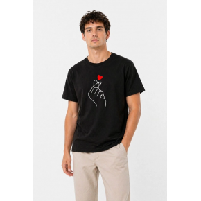 Erkek Kore Parmak Kalp Aşk Temalı Minimal Baskılı Tişört Yazlık Kısa Kol T-Shirt - Siyah