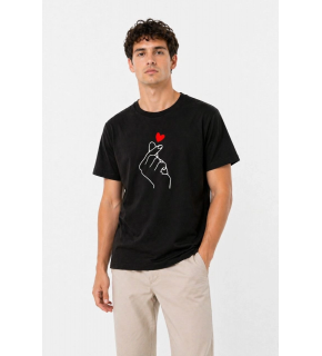 Erkek Kore Parmak Kalp Aşk Temalı Minimal Baskılı Tişört Yazlık Kısa Kol T-Shirt - Siyah